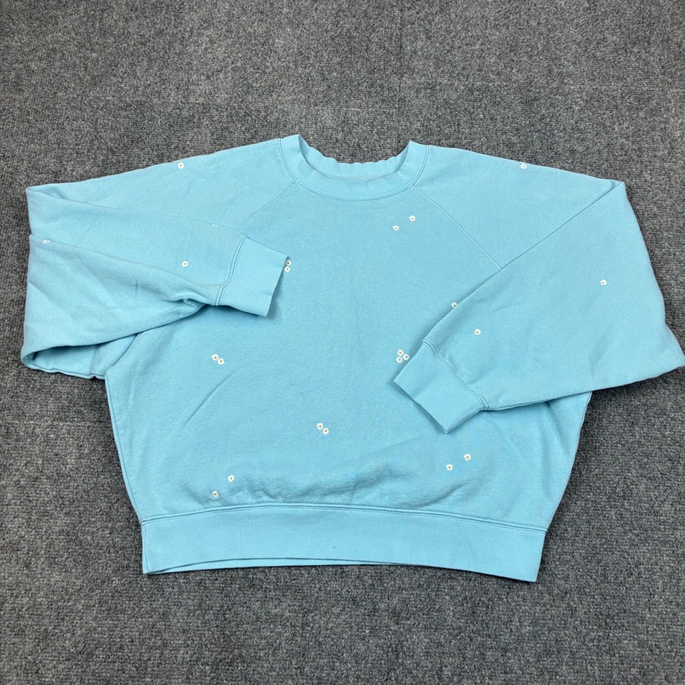 Old Navy SoComfy Blue Daisy Embroidered Crew Neck Sweatshirt Womens Size Medium